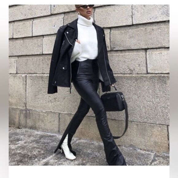 ZARA Blogger Favorite Black Vegan Leather High Rise Long Inseam Ankle-zip Pants. - Picture 2 of 10